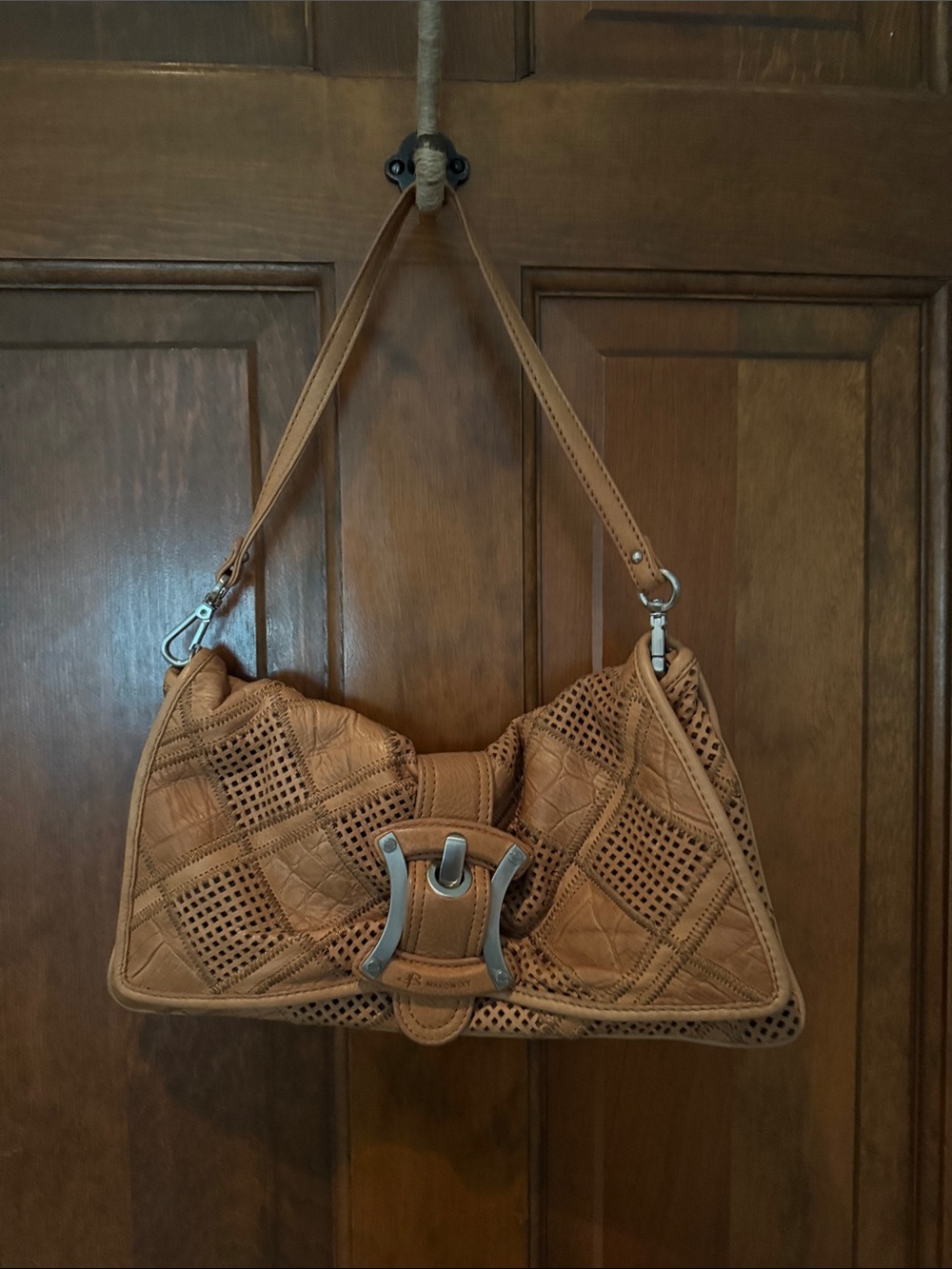 b. makowsky Tan Perforated Patchwork Leather Shoulder Bag